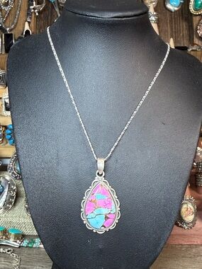 Sterling Teardrop Cotton Candy Pendant Necklace - Pink & Turquoise
